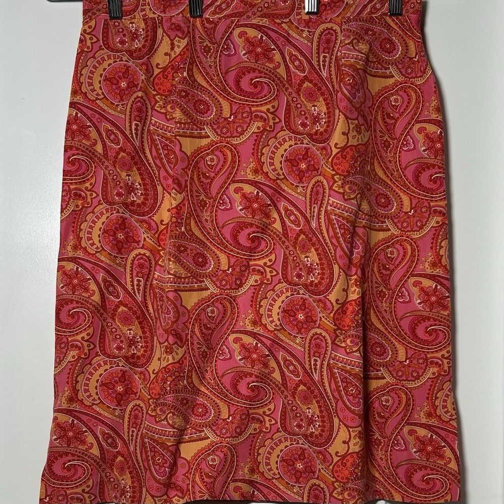 Mixit Vintage Y2K 100% Silk Bold Paisley A-Line Midi Skirt Tomato Girl Style